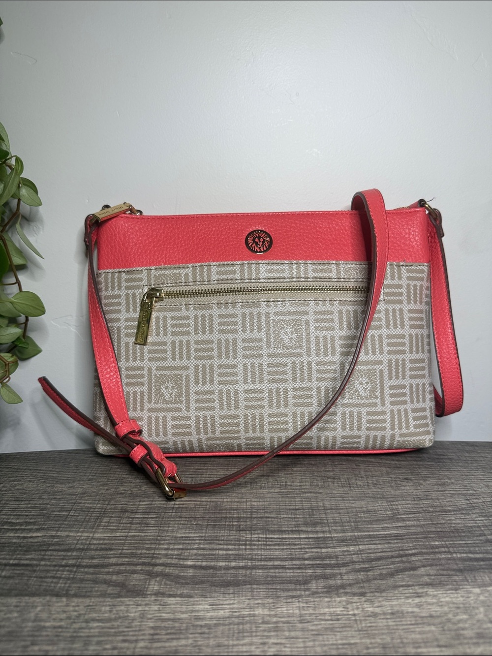 Anne Klein Monogram Crossbody Bag Beige Coral Pink Gold Hardware